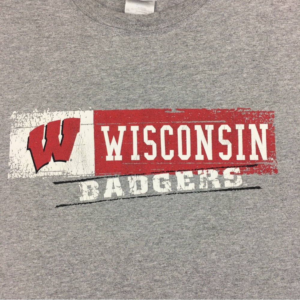 Wisconsin Badgers Short Sleeve T Shirt Mens XL Crew Neck Gray Gildan
